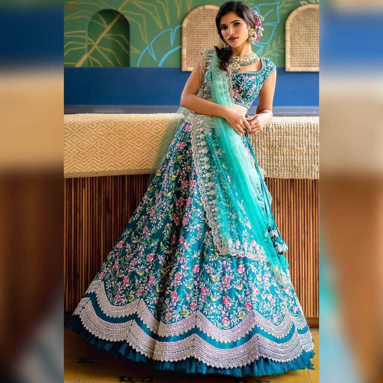 Satin Silk Embroidered Blue Lehenga - MYLUXURY LANE ENTERPRISE